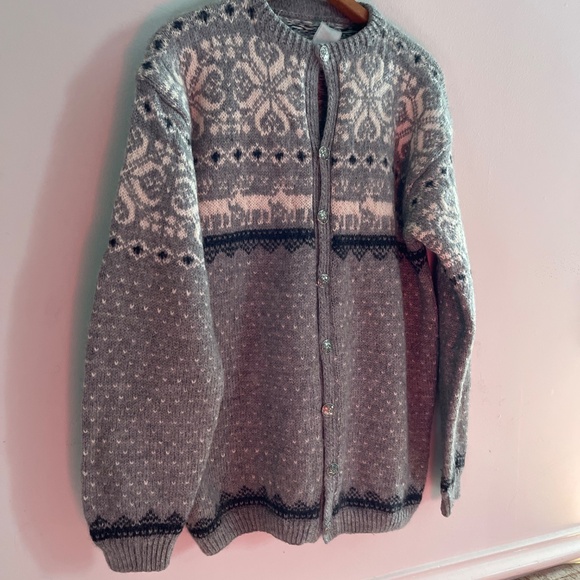 Vintage Fairisle Gray Navy Wool Cardigan Sweater Womens Deer Nordic Cabincore - Picture 11 of 11